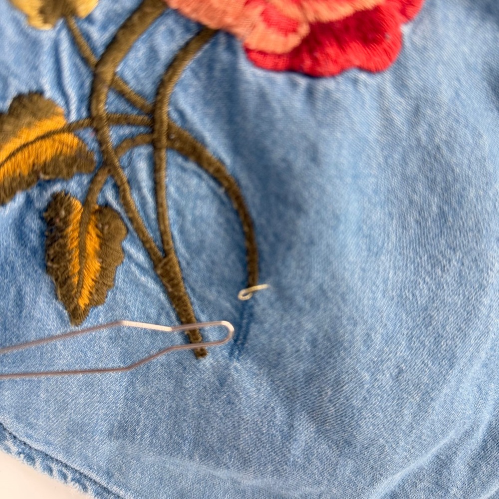 Driftwood Olivia Embroidered Denim Western Shirt LRG Floral Butterfly Pearl Snap - Picture 7 of 12